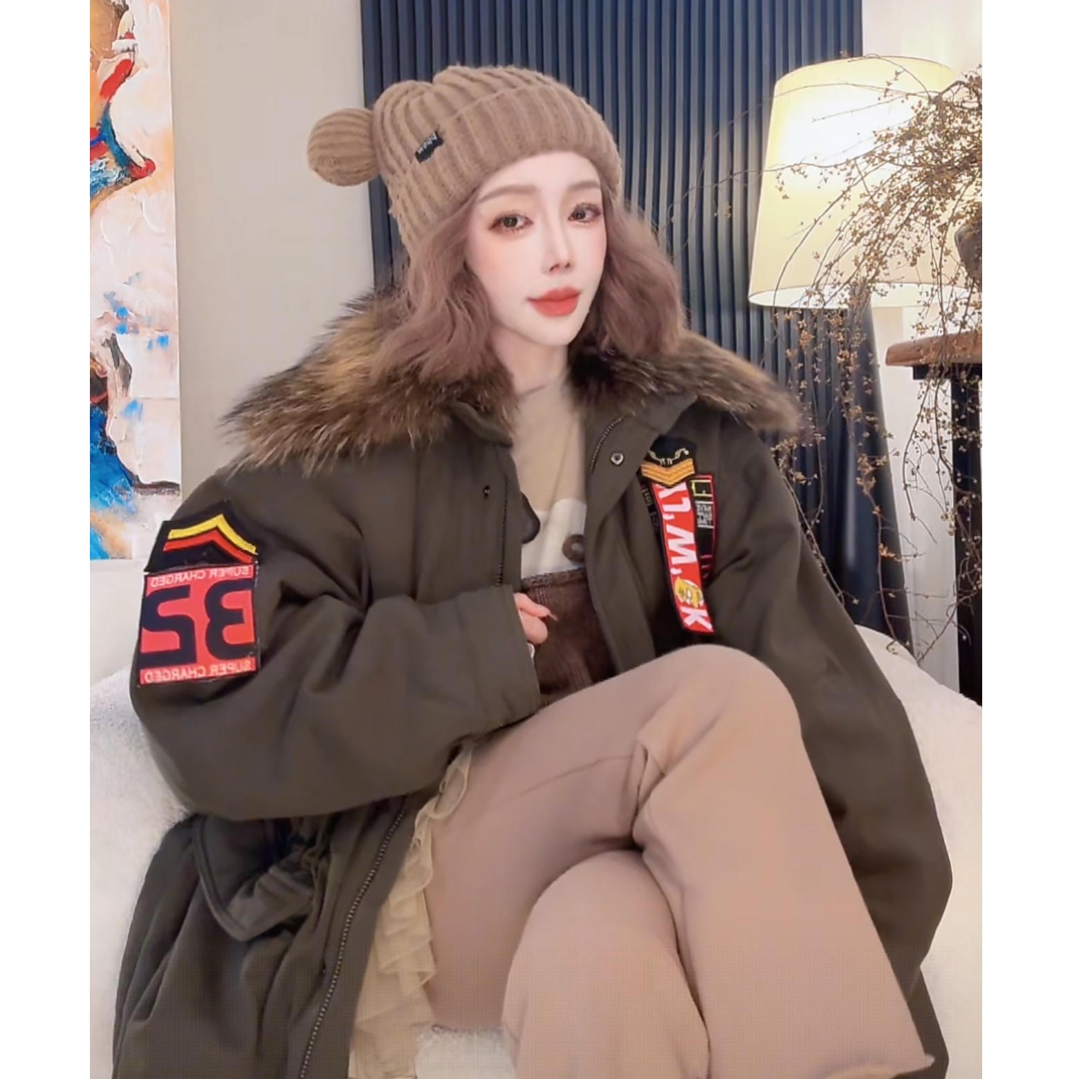 2025冬季新款休闲宽松百搭纯色毛领长袖厚外套5038