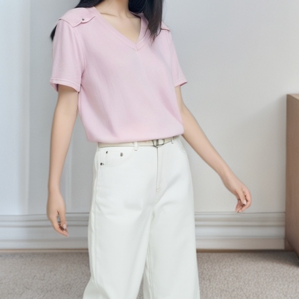 A2772粉双侧铆钉V领净版时尚T恤