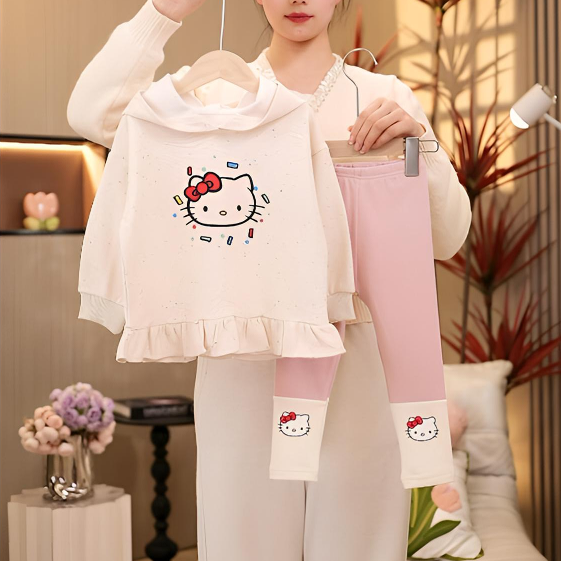 女童连帽卫衣套装女宝宝卡通动物春秋时尚两件套高弹柔软打底裤潮