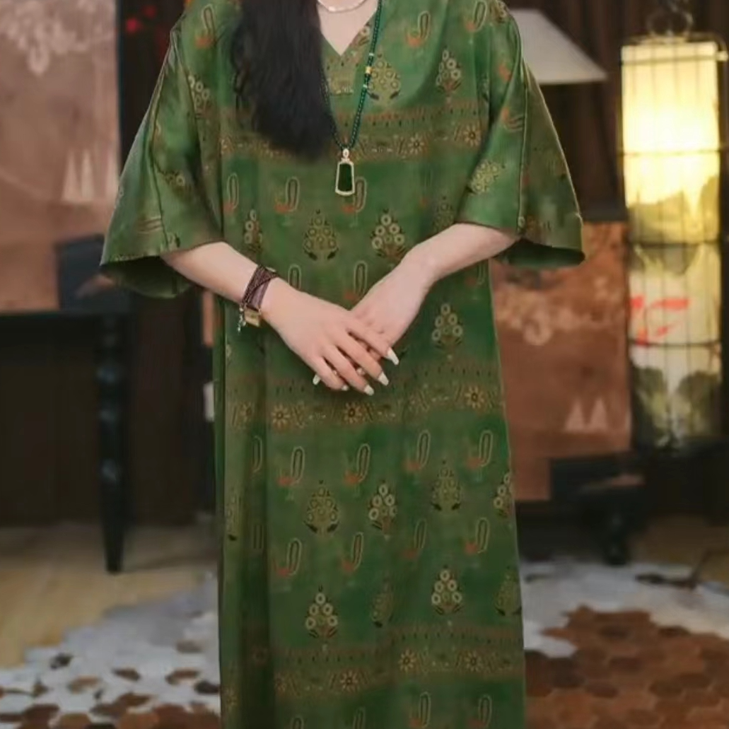 【伊明】香云纱重锻宽松提花时尚印花a字气质百搭重磅蚕丝连衣裙