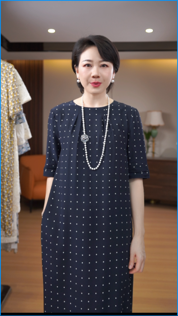 真丝桑蚕丝小波点长裙中袖宽松气质连衣裙m100