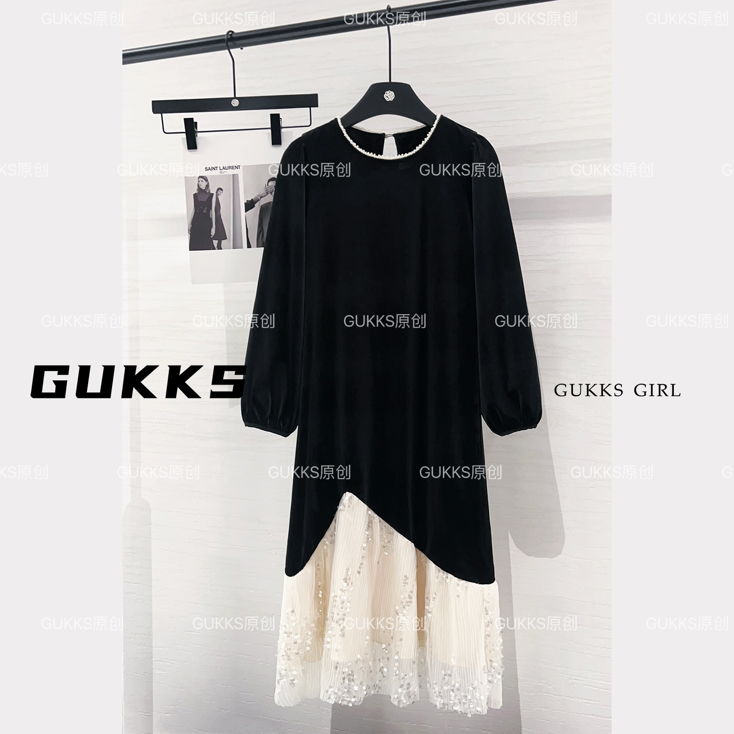 GUKKS时尚黑撞白色拼接长袖连衣裙女高级感收腰气质长裙GK492