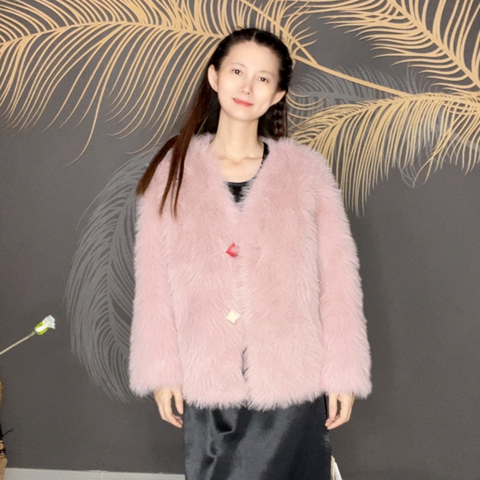 人造皮草 粉色长毛人造皮草2025新款V领宽松短款百搭轻奢上衣