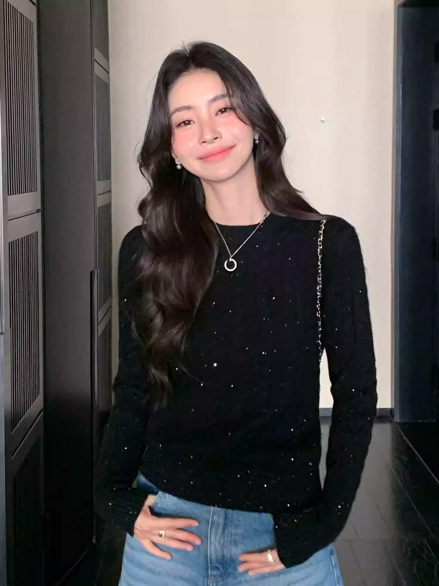 萌萌家/星河月影 法式慵懒随性羊绒衫圆领绞花毛衣女加厚珠片纱