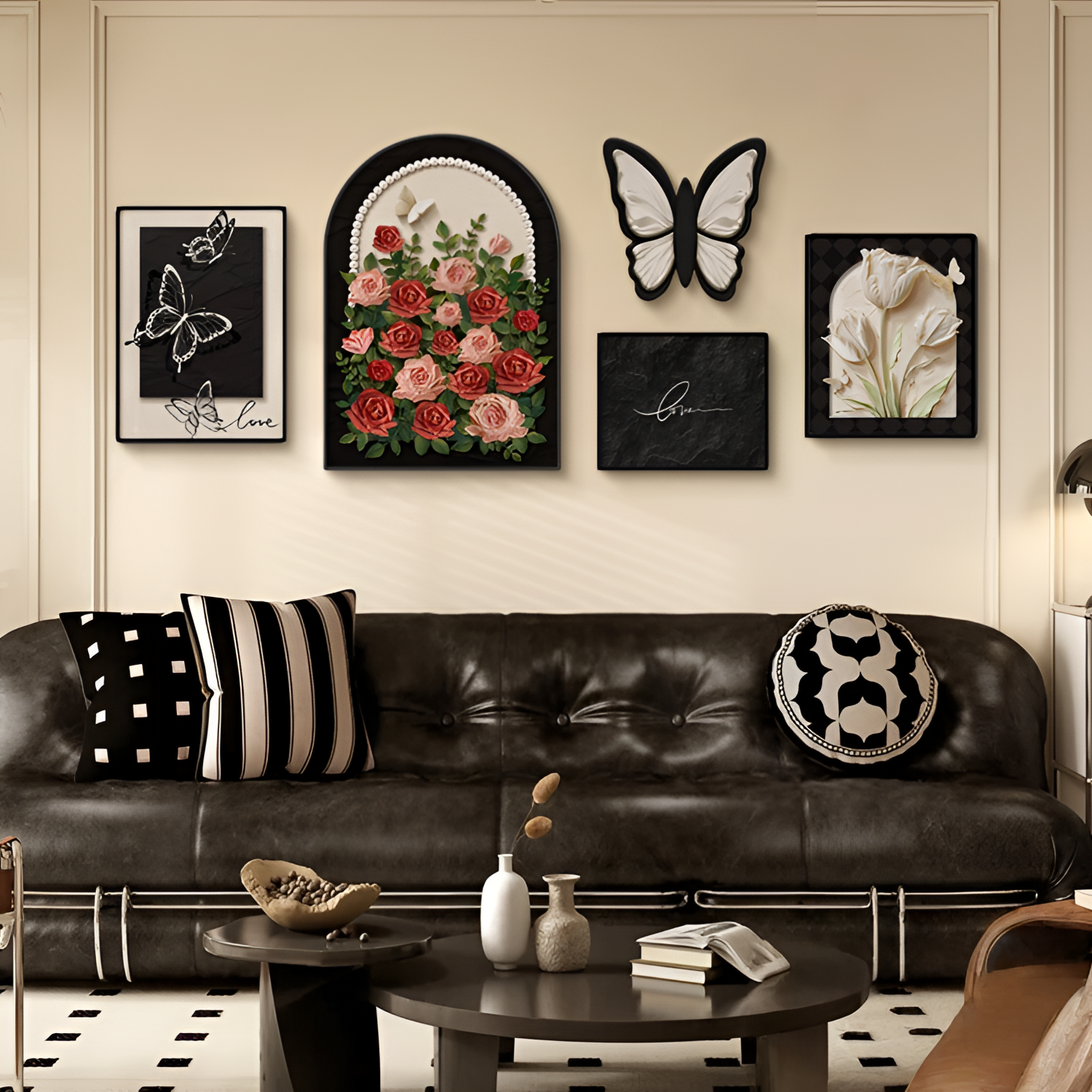 法式复古风客厅装饰画中古风沙发背景墙挂画蝴蝶玫瑰组合壁画轻奢