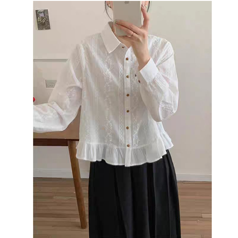 【柚子同款】春季圆领长袖衬衫花百搭小个子衬衣682