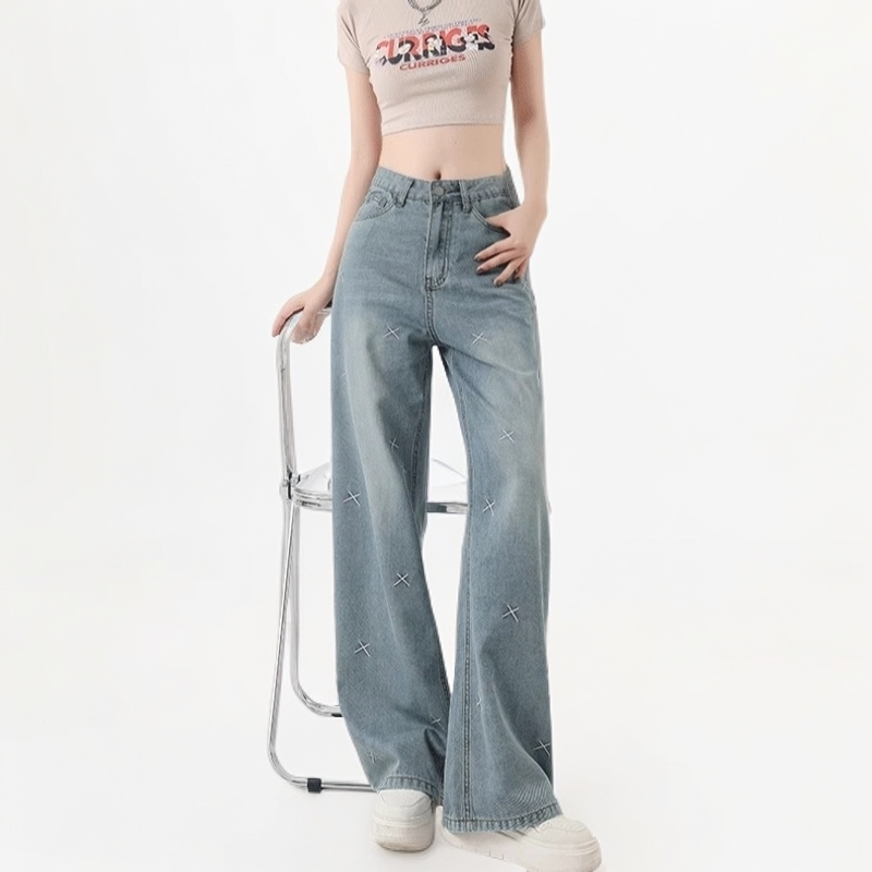 大码女装牛仔裤秋装女款爆款2025新款刺绣阔腿裤高腰显瘦宽松裤子