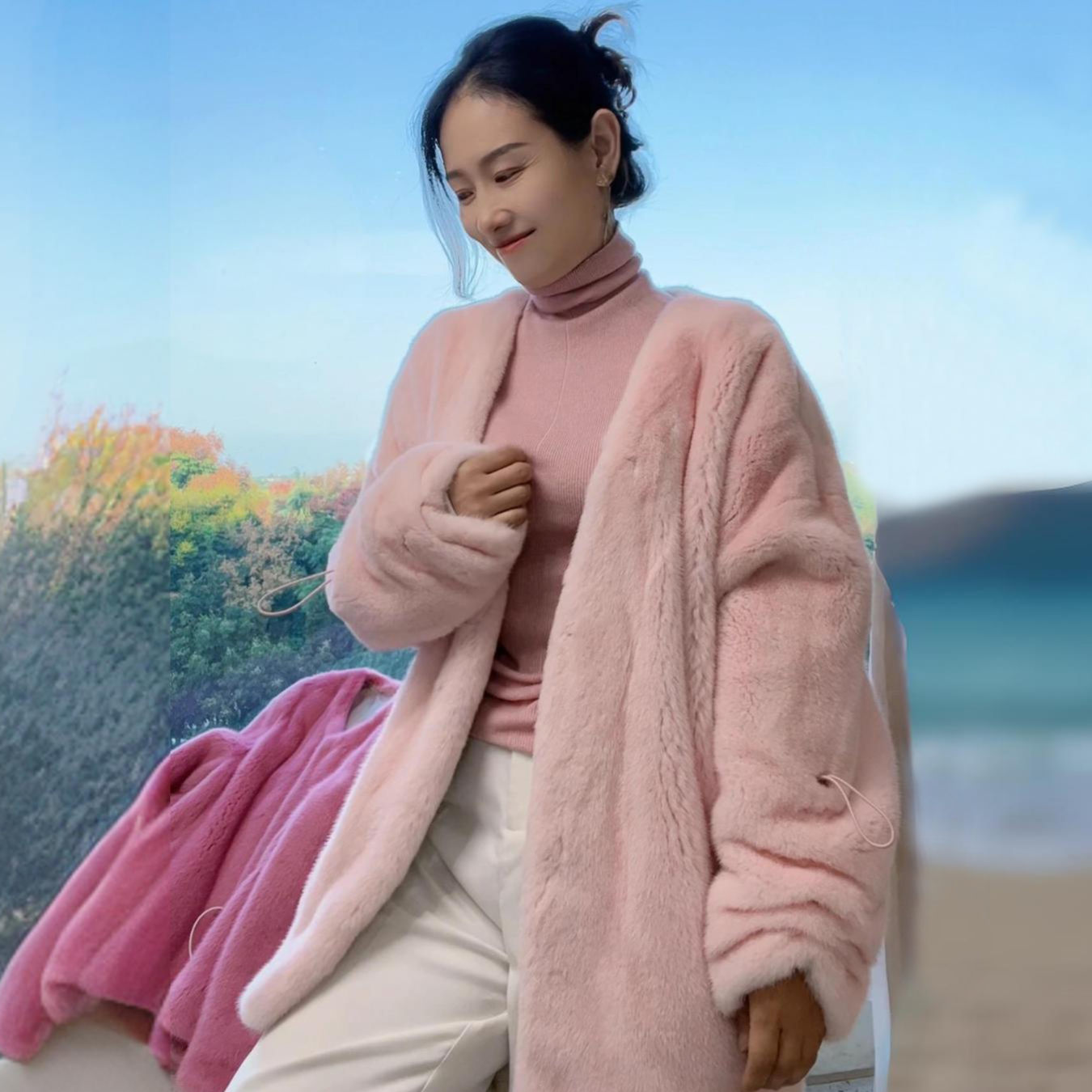 诺谰 孤品整貂掉皮大衣冬季女国风圆领落肩袖水貂毛皮草外套23098