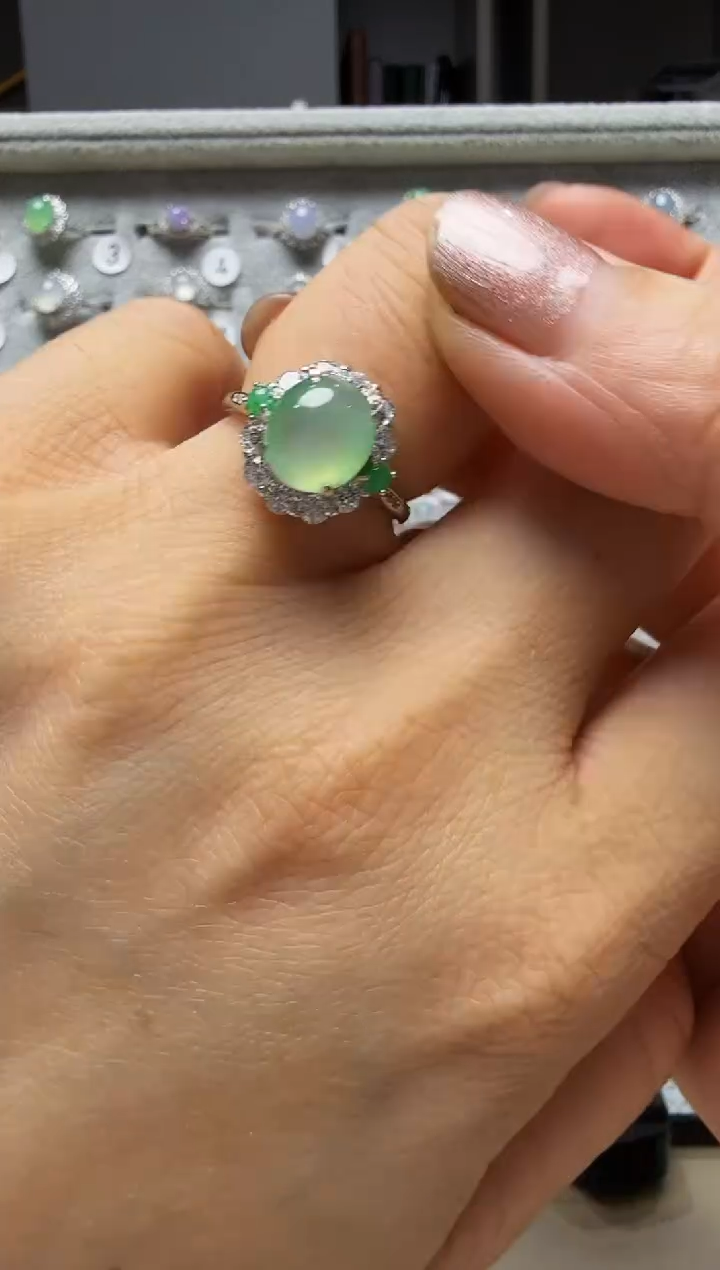 翡翠戒指银S925镶嵌925银镶缅甸A货翡翠戒指