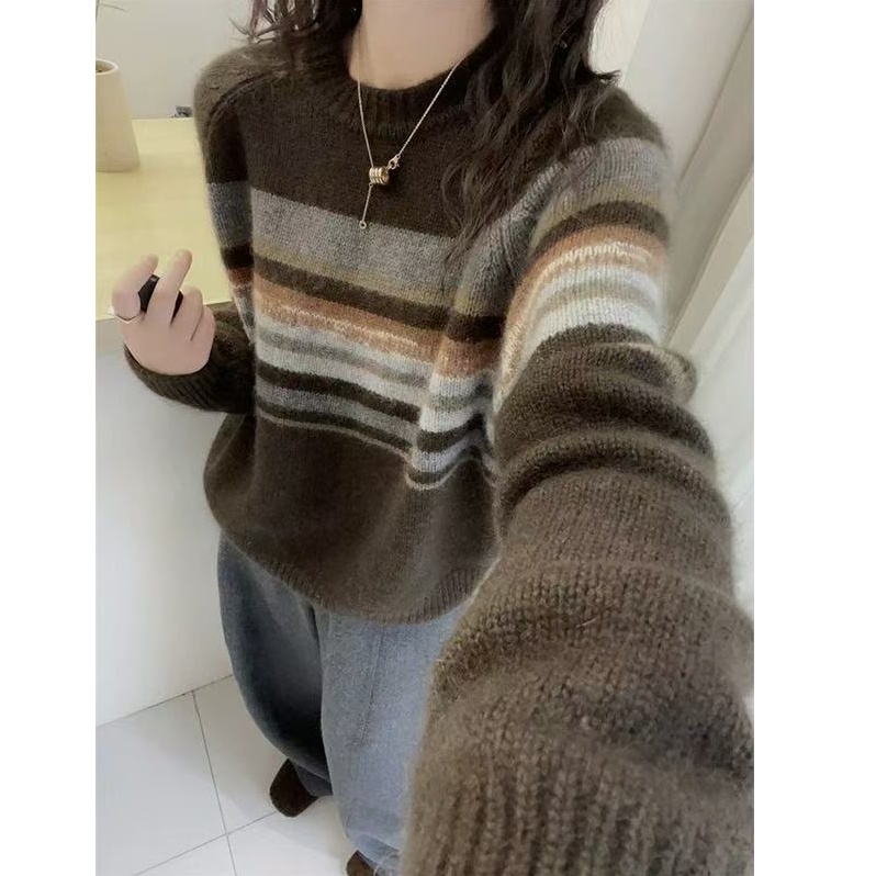 【运费补贴】浅咖色条纹套头针织衫女外套气质宽松上衣