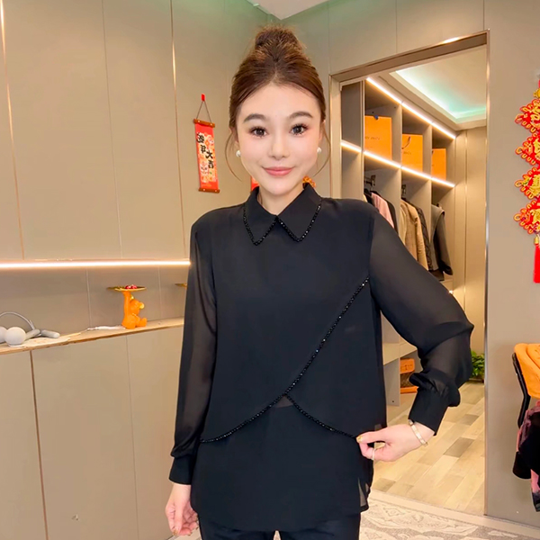 翻领提花小众假两件显瘦打底衫衣服炸街穿搭春夏女装长袖春季春游