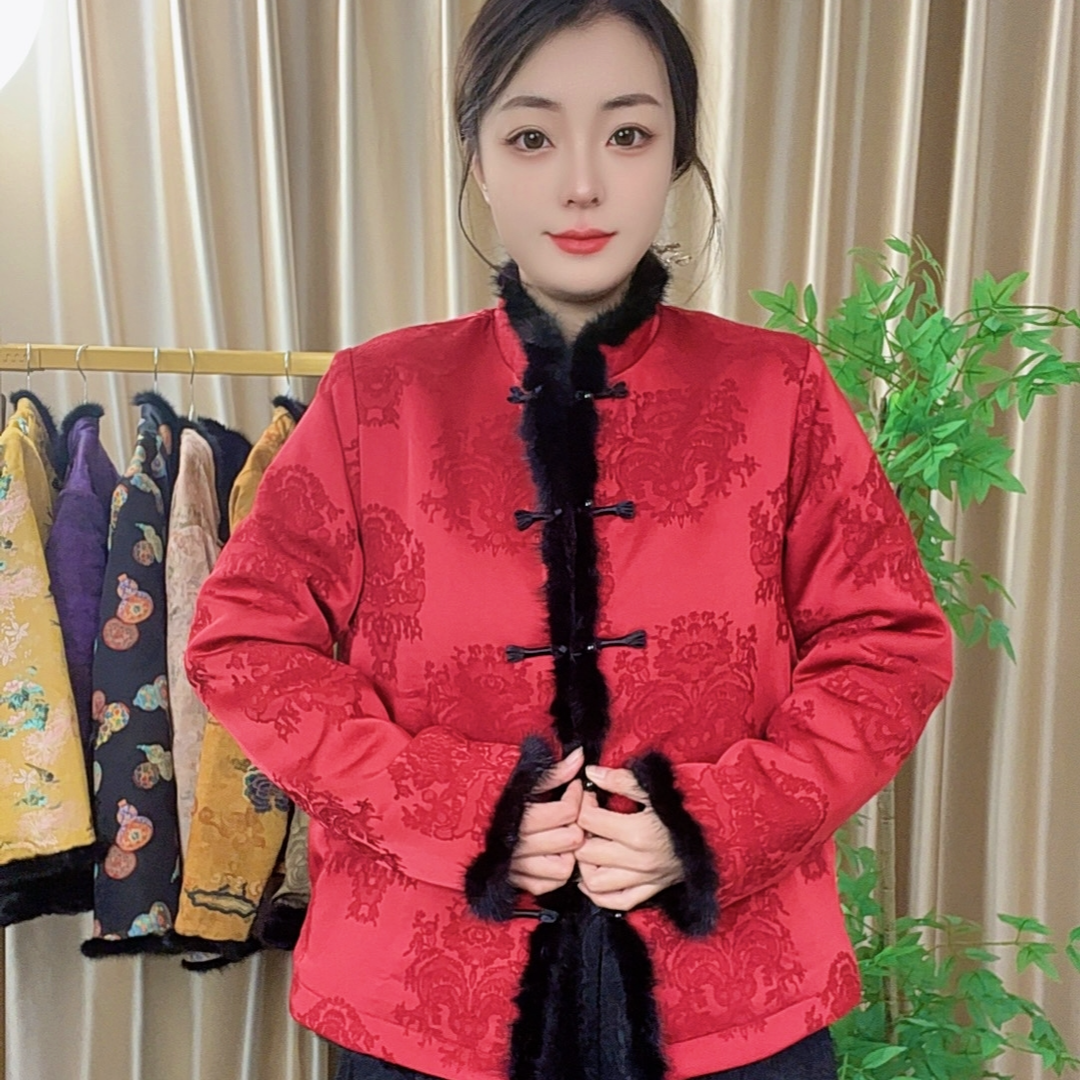 （红富贵）2025双面双穿香云纱水貂毛新中式国风双面加厚保暖外套