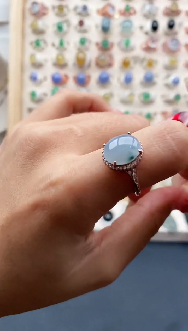 【闪购商品】翡翠戒指银S925镶嵌缅甸天然A货翡翠333 1+4