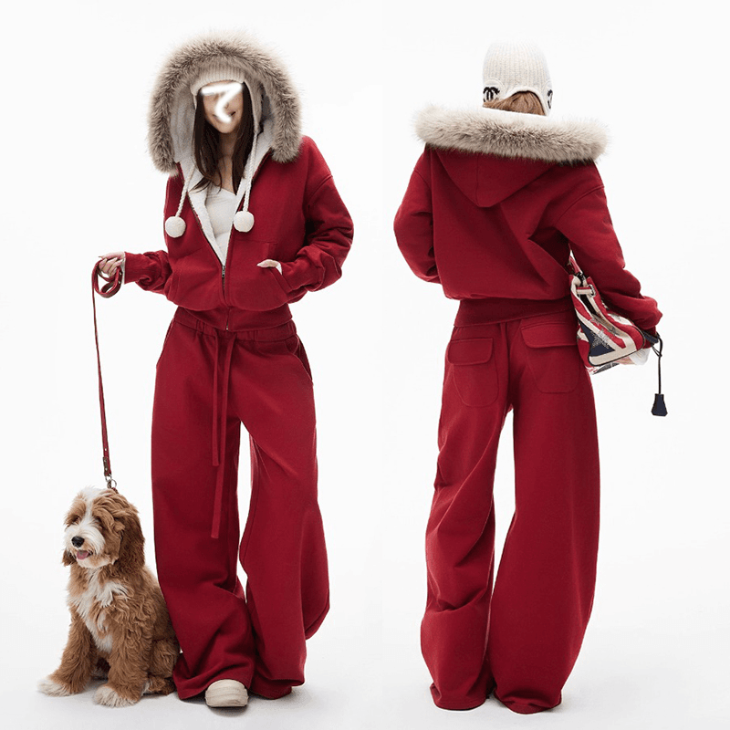 流光风新年高级感毛领拉链连帽外套+休闲拖地弯刀卫裤加绒套装女