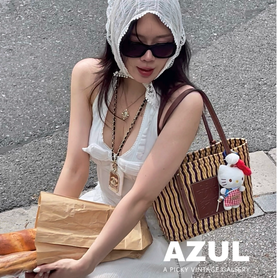 95新 LOEWE/罗意威 米色拼紫色Basket草编菜篮子单肩托特包 46665