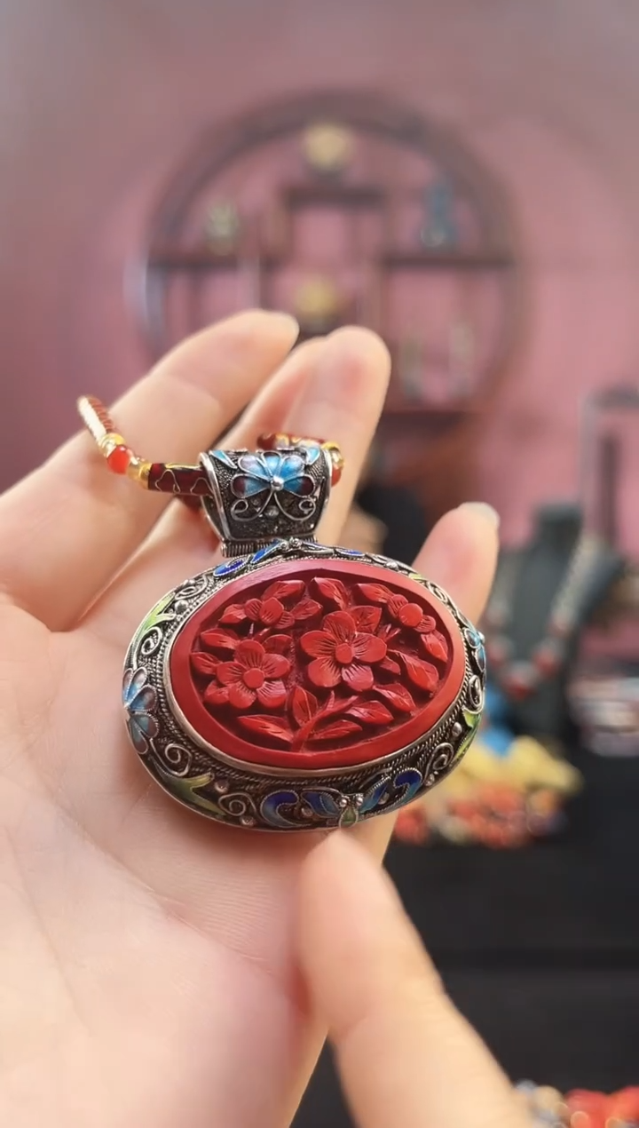 非遗 花丝镶嵌雕漆吊坠 素银 椭圆