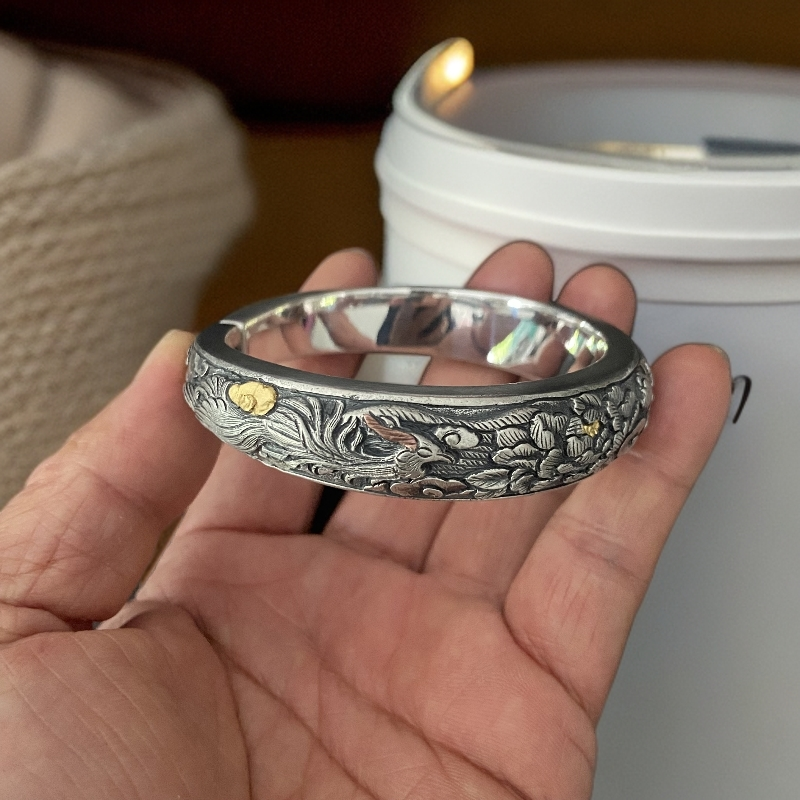 足银手镯 原创鎏金大师手作凤穿牡丹足银纯手工实心民族风镯子