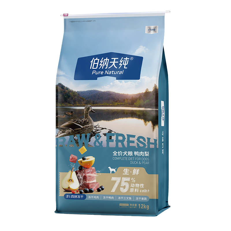 伯纳天纯生鲜狗粮鸭肉梨犬粮冻干粮12KG大包装DR
