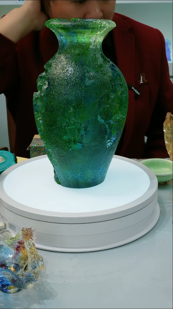 泥塑古法琉璃岩石花瓶26cm摆件
