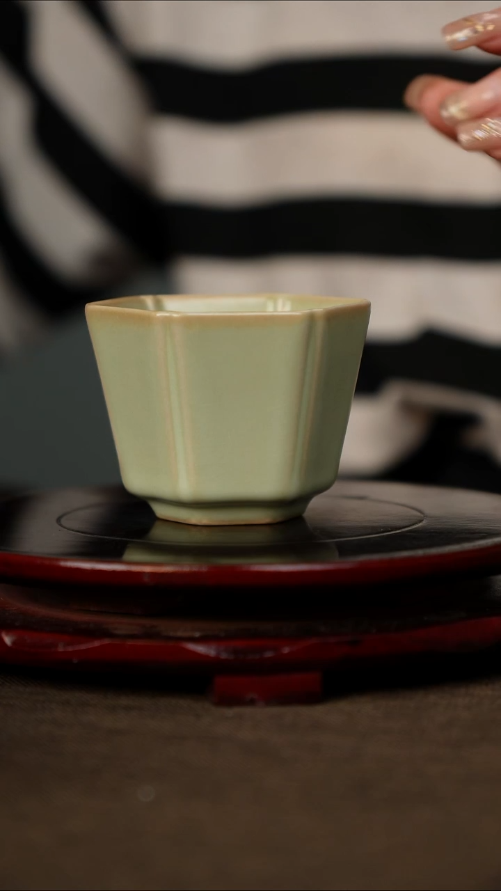 全品 粉青 六方杯 带底款