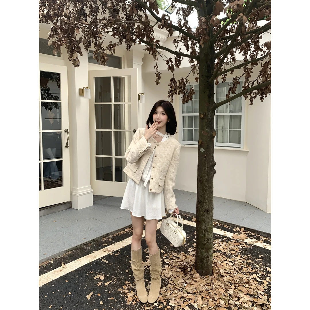 F132短外套休闲风常规袖女针织百褶长袖复古白色蕾丝秋季 FB