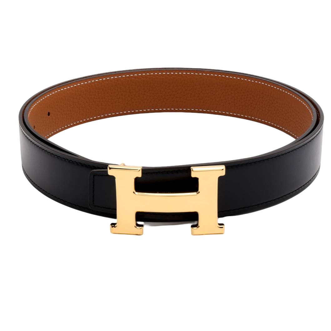 未使用 Hermes/爱马仕 经典H银扣双面黑棕男款荔枝纹款宽3.2