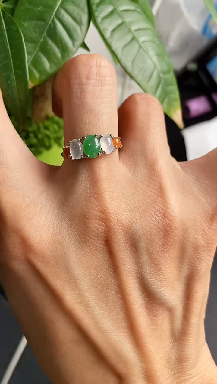 【闪购商品】翡翠戒指银S925镶嵌缅甸天然A货翡翠22    4-8