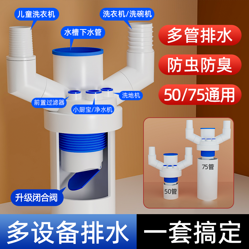 芯小将厨房专用下水六通多功能排水防臭50/75PVC管通用