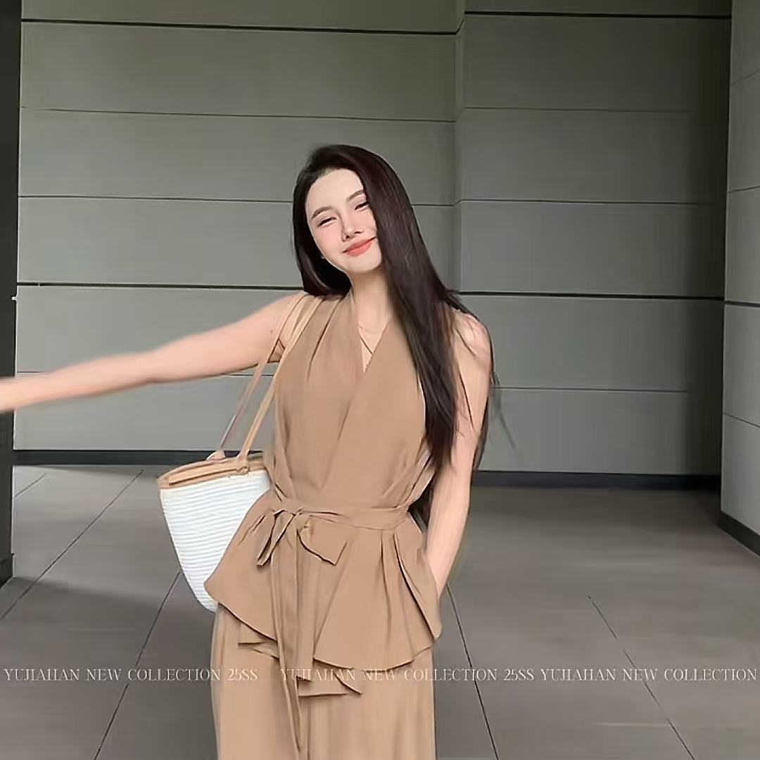 春季简约通勤绑带背心上衣女长裤两件套