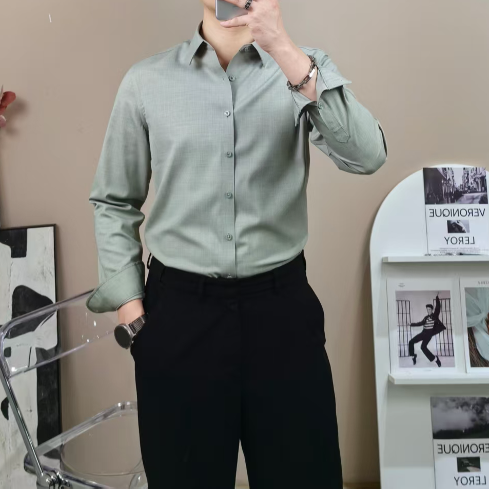 常规男士纯色吸汗长袖莫代尔衬衫轻奢休闲上衣秋季