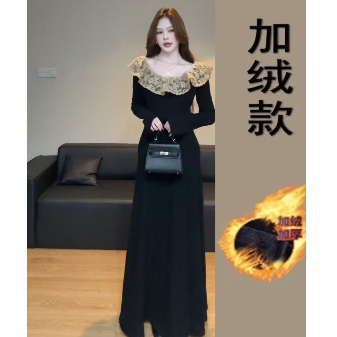 原版面料法式赫本风黑色长袖针织连衣裙 2025秋冬蕾丝拼接长裙