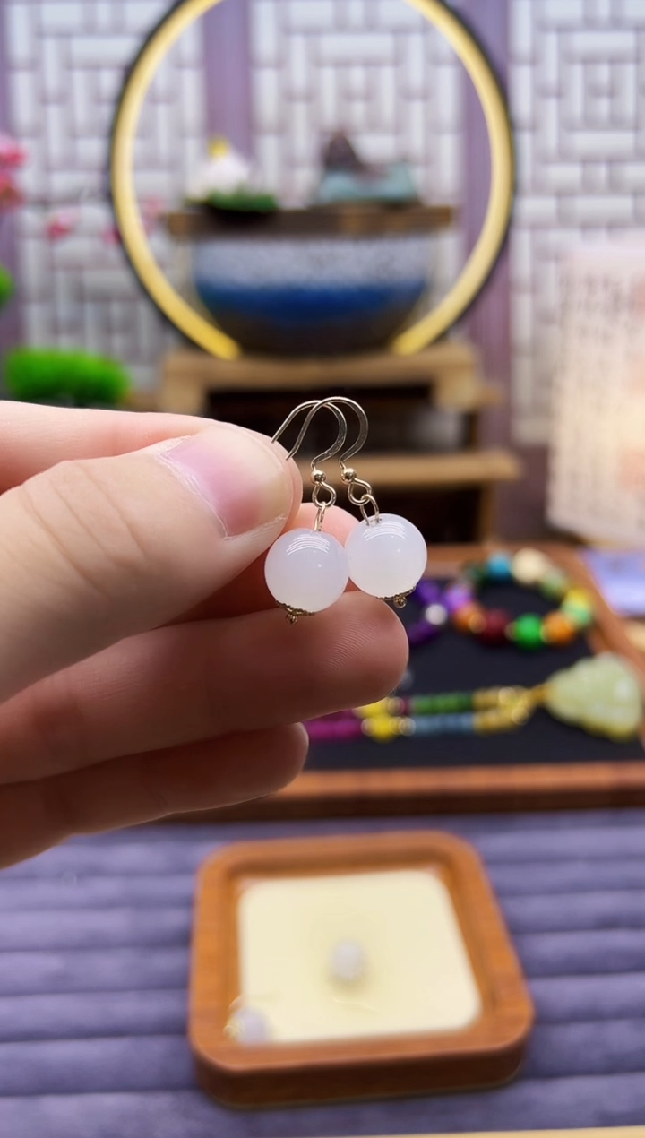 和田玉14K金镶嵌耳饰E118