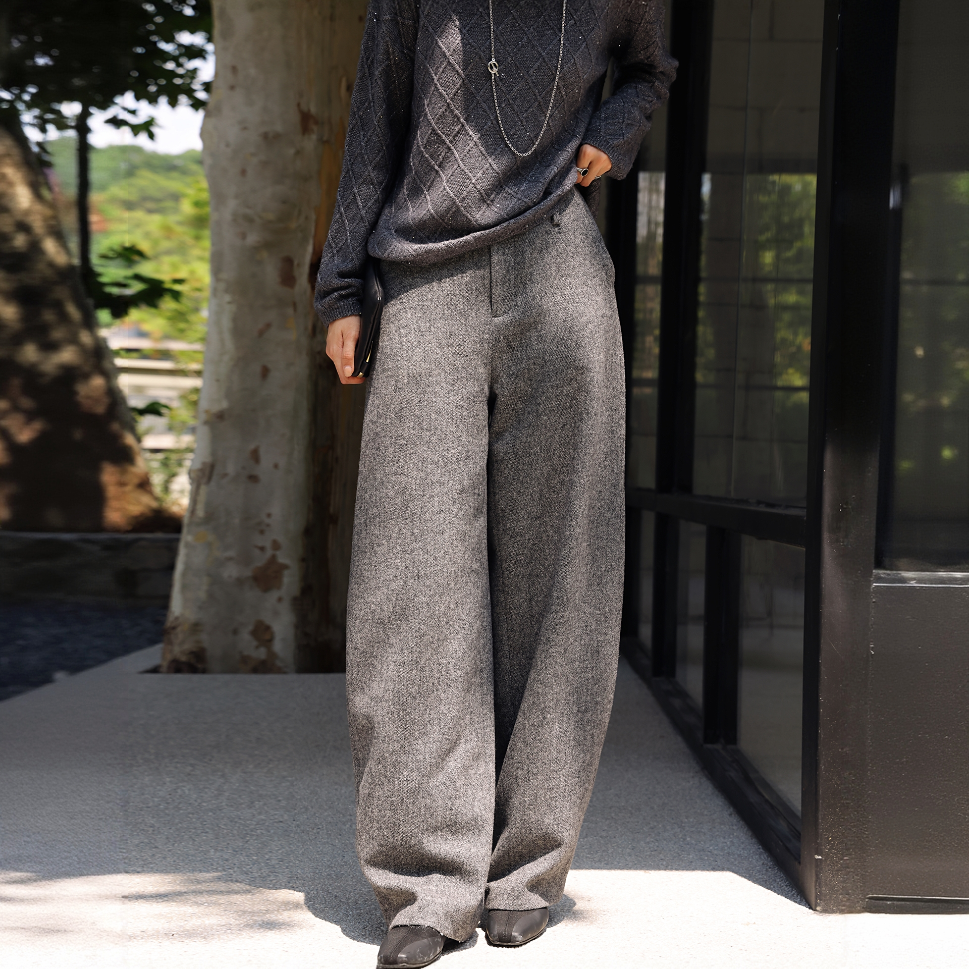 2025秋季灰色宽松阔腿弯刀裤时尚设计感百搭直筒镰刀休闲西裤女