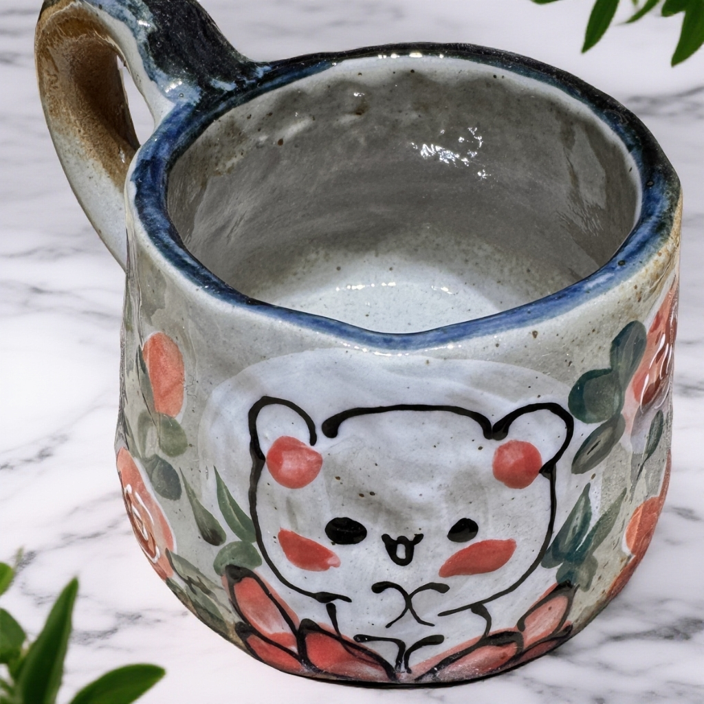 景德镇手绘高温釉下彩小熊玫瑰花水杯