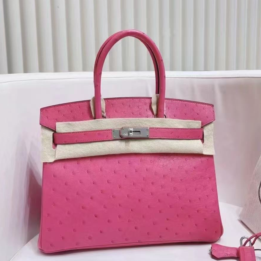99新 Hermes/爱马仕 birkin30桃粉色鸵鸟皮框L刻