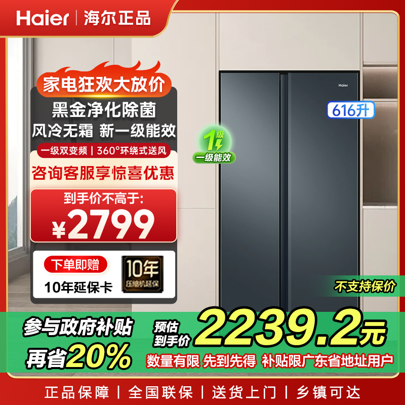 【广东国补】海尔616L大容量双开门家用电冰箱除菌净味一级能效变频