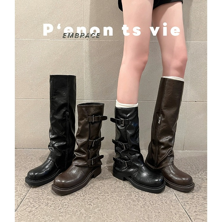 【大叔家】跟高5.5CM~堆堆裤管靴扣带中筒西部骑士长靴女&93679365