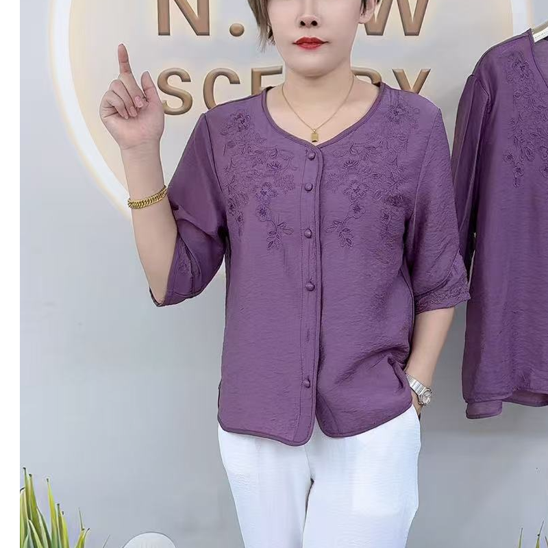 7260圆领分袖半扣刺绣防晒开衫气质大码妈妈装夏季