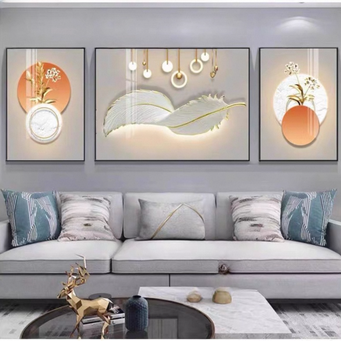 新款-羽毛现代简约客厅装饰画沙发背景墙晶瓷镶钻三联画