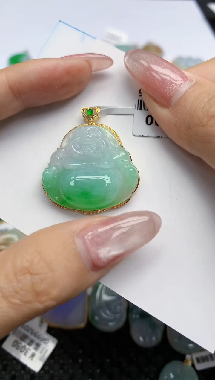 【闪购商品】翡翠挂件18K金镶嵌天然翡翠A货