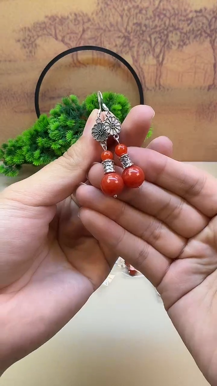 银S925镶嵌南红玛瑙耳饰B303 