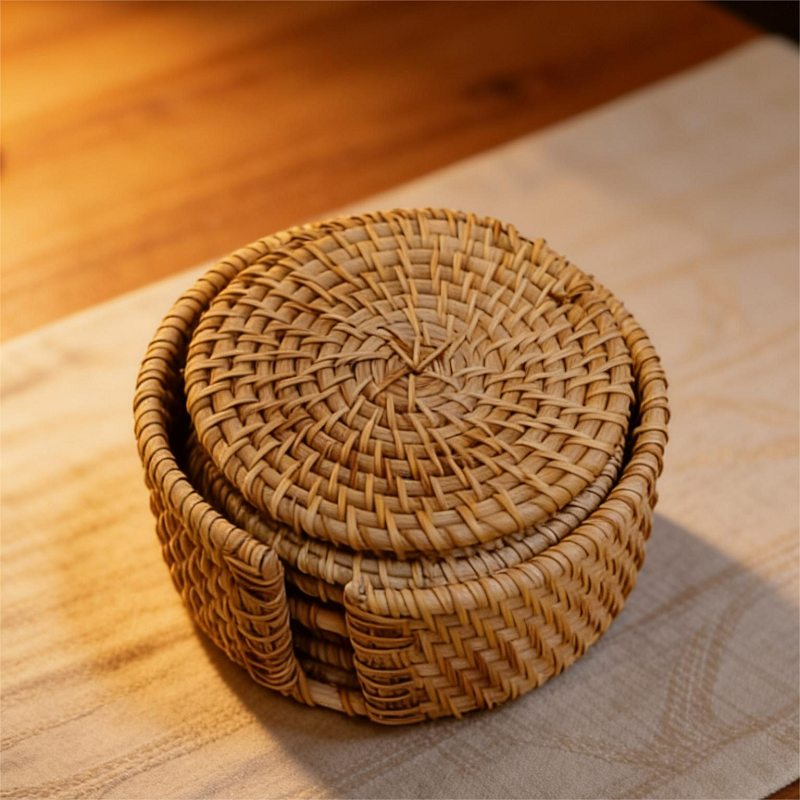 植物藤编杯垫收纳垫套装6+1尺寸：10cm