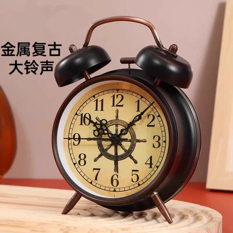 康巴丝仿古闹钟金属外壳走时静音敲击铃铛的铃音夜视灯铃声大时钟