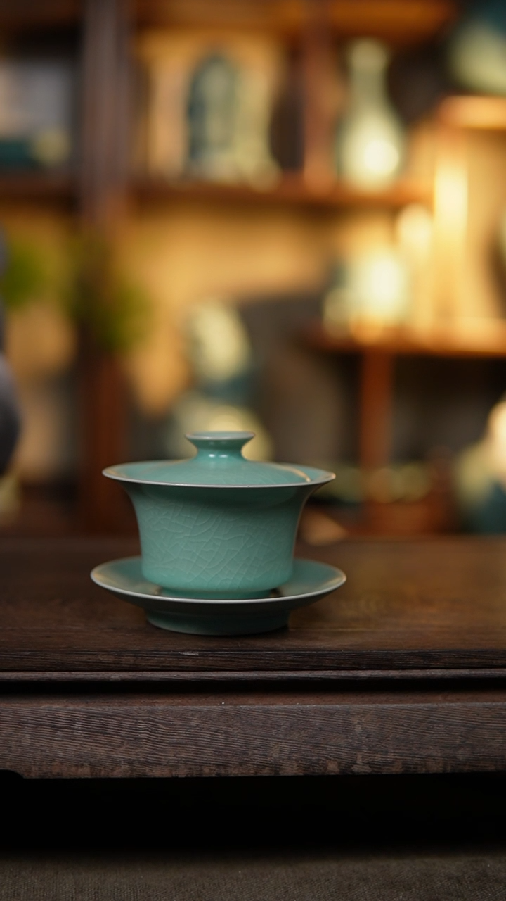 【闪购商品】杯仿古翡翠绿纯手工三才盖碗瑕