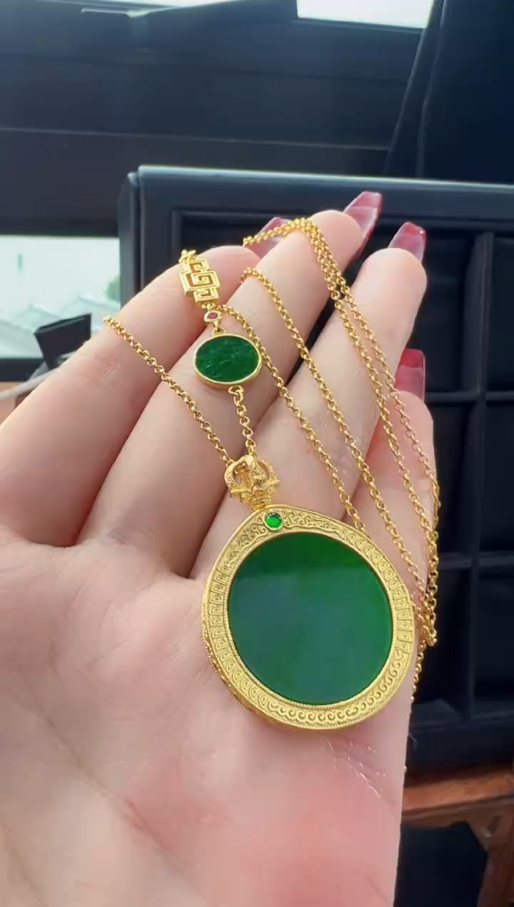 【闪购商品】翡翠吊坠(不含链)银S925镀金镶嵌天然缅甸翡翠A货吊坠