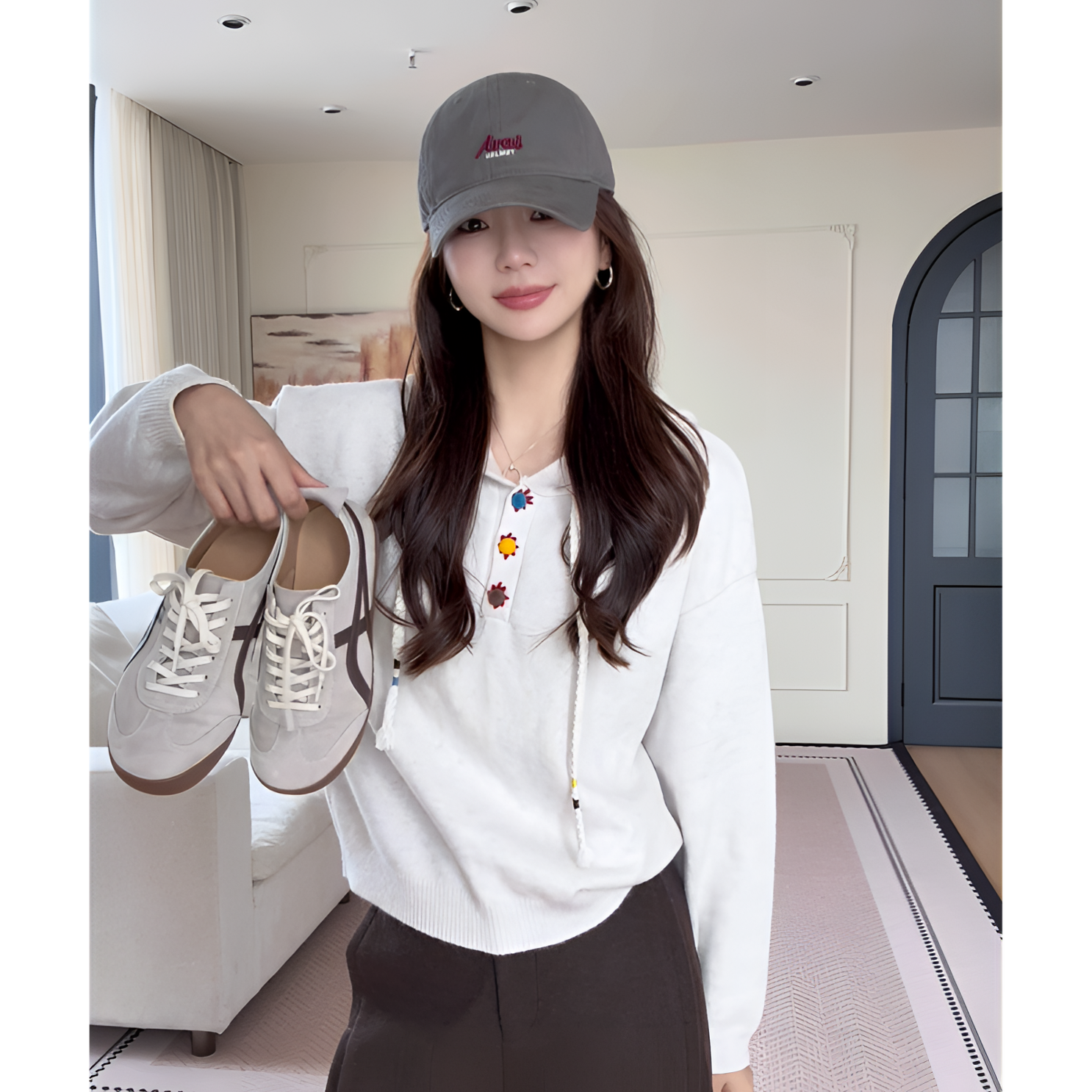 【余欢欢】秋季休闲时尚百搭舒连帽太阳花针织长袖毛衣-YHW50684