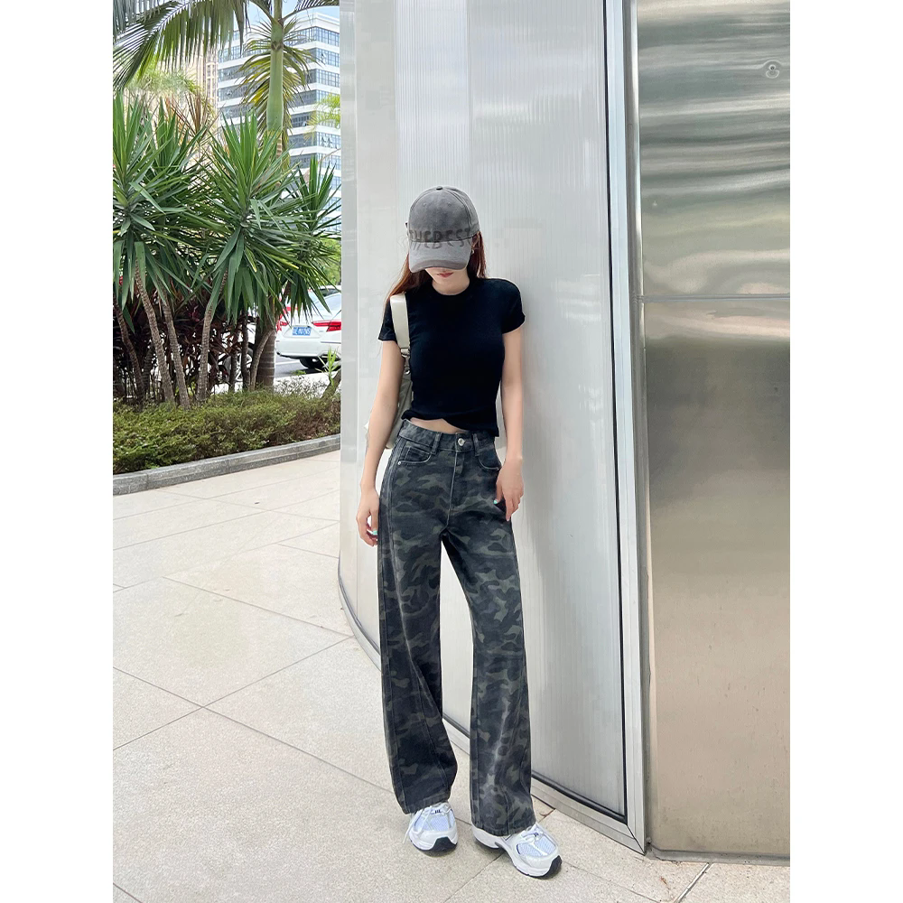 彩色迷彩工装裤女新款显瘦窄版阔腿裤651006