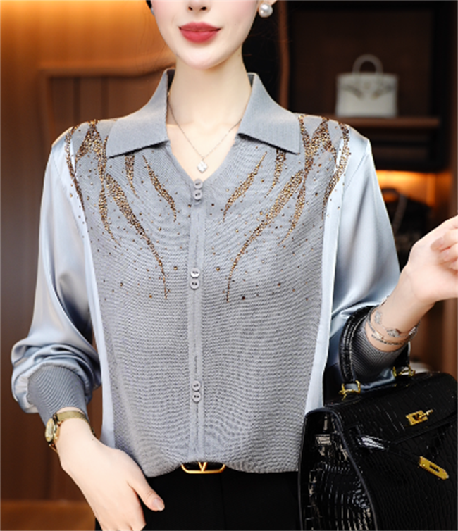 千渝 春秋针织衬衫抗起球高端显瘦百搭减龄气质时尚上衣V25X016