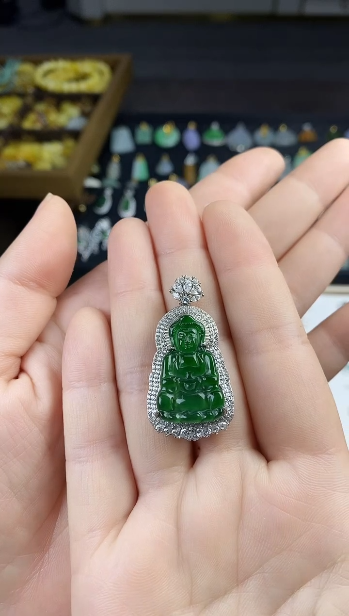 吊坠(不含链)银S925镶嵌翡翠蕾*绿冰观音吊坠