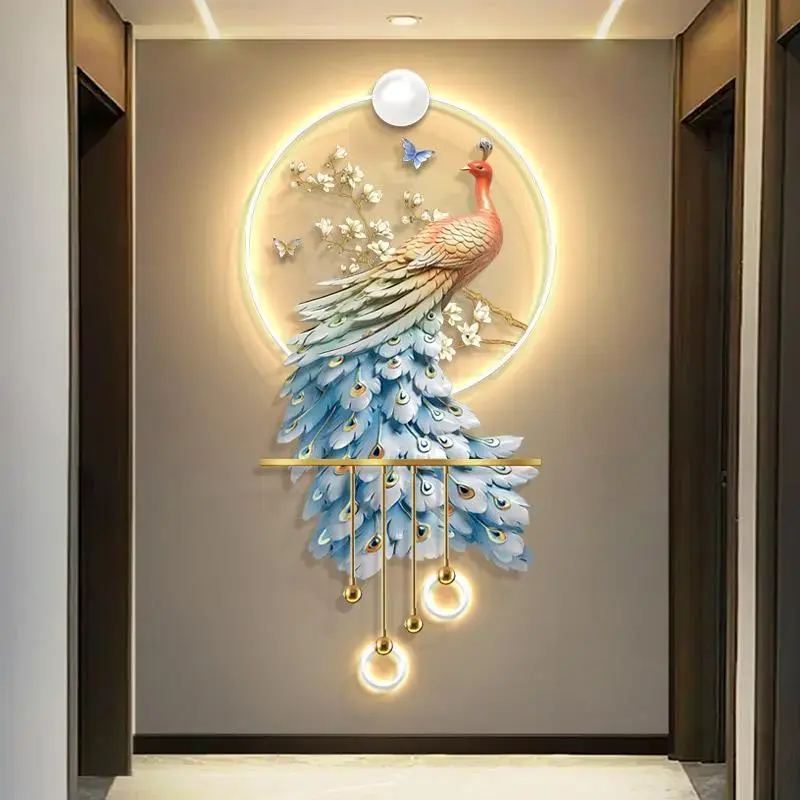 现代轻奢孔雀玄关装饰画寓意好LED灯光挂画走廊立体发光艺术壁灯